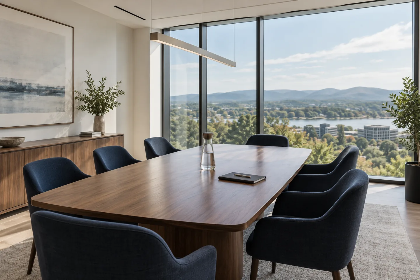 AI-generated boardroom with navy chairs, a walnut conference table and river views