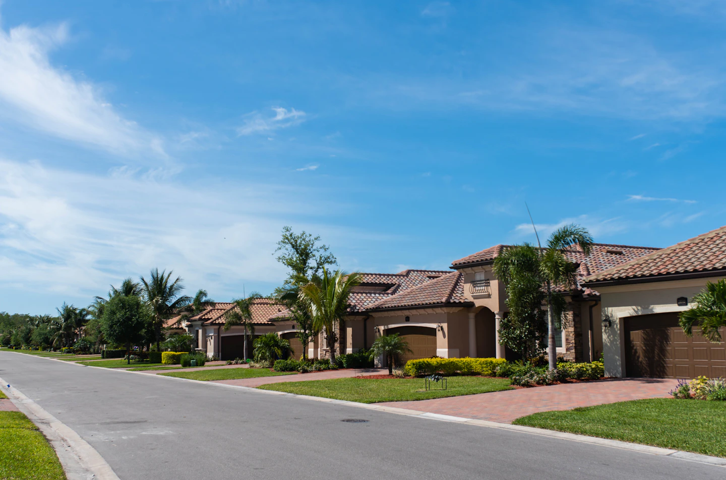A residential street lined with landscaped homes.